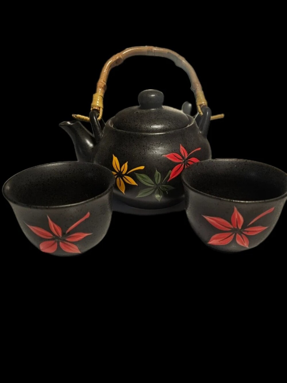 Ceramic Teapot and Cups Set - Red & Yellow Flower Accents From Japan